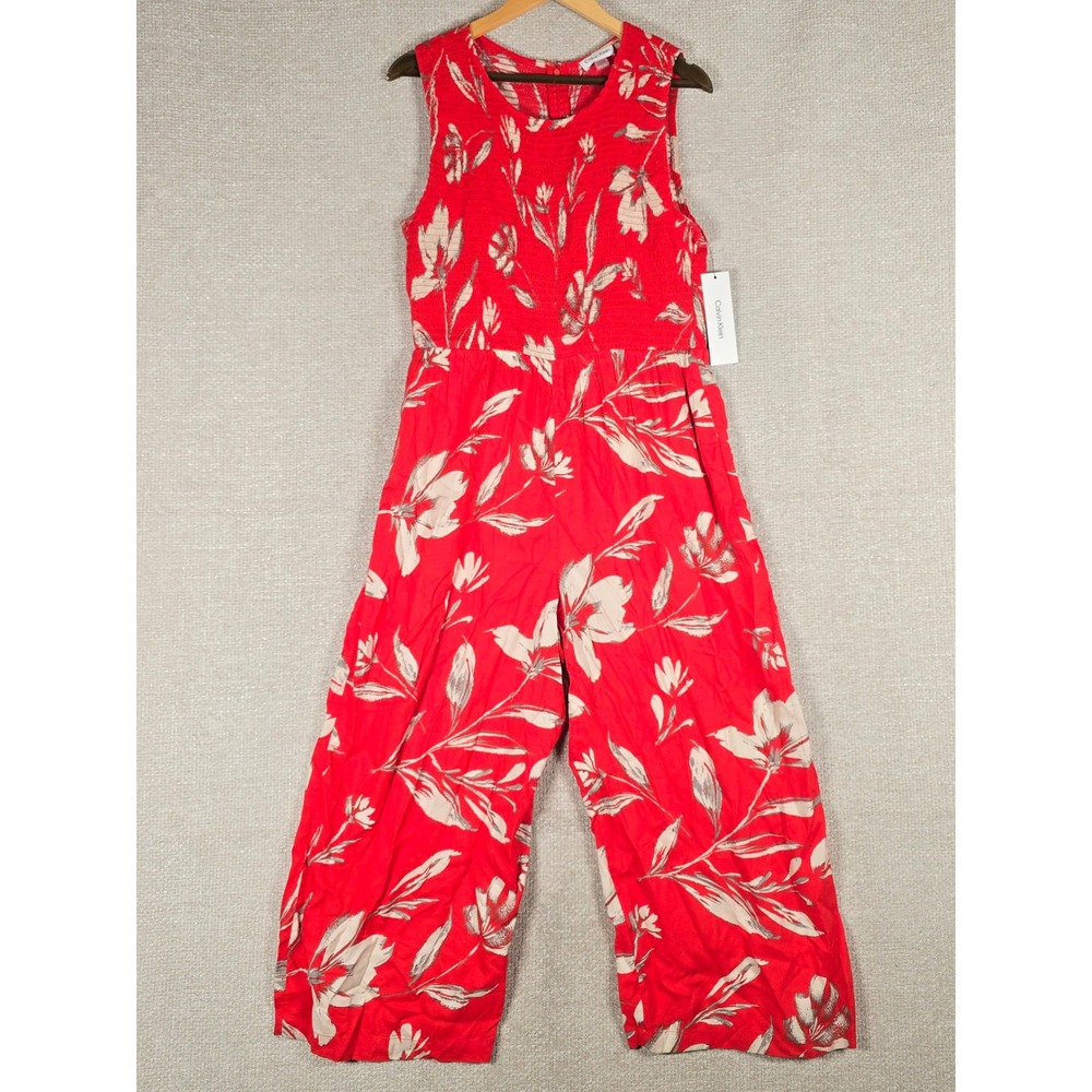 Calvin Klein Womens Red Floral Smocked Wide Leg Crop Jumpsuit CD6EEJT9 Size 12